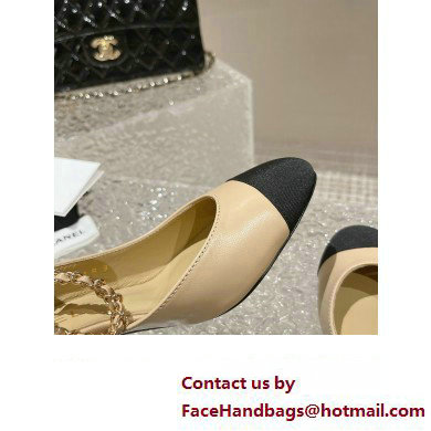 Chanel Heel 6.5cm Chain Lambskin Grosgrain  &  Metal Pumps Slingbacks G45092 Beige/Black 2023